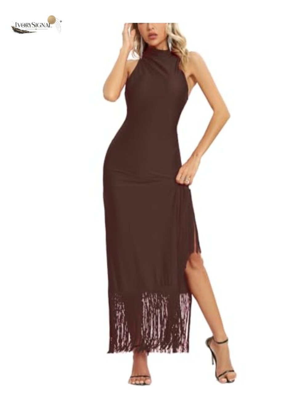 Aigeman Flapper Maxi Dress Halter Tassel Hem Formal Gown Slit